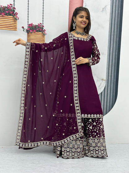 Engagement Wear Purple Color Heavy Faux Georgette With Embroidery 7 mm Sequence Work Palazzo Suit