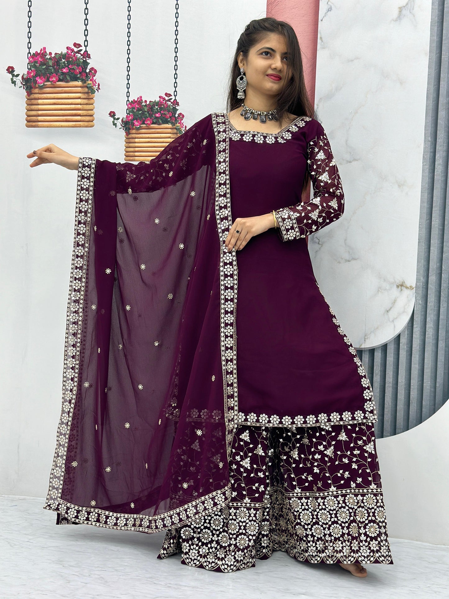 Engagement Wear Purple Color Heavy Faux Georgette With Embroidery 7 mm Sequence Work Palazzo Suit