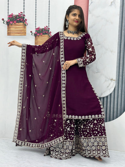 Engagement Wear Purple Color Heavy Faux Georgette With Embroidery 7 mm Sequence Work Palazzo Suit