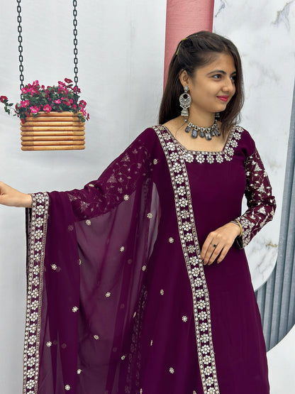 Engagement Wear Purple Color Heavy Faux Georgette With Embroidery 7 mm Sequence Work Palazzo Suit