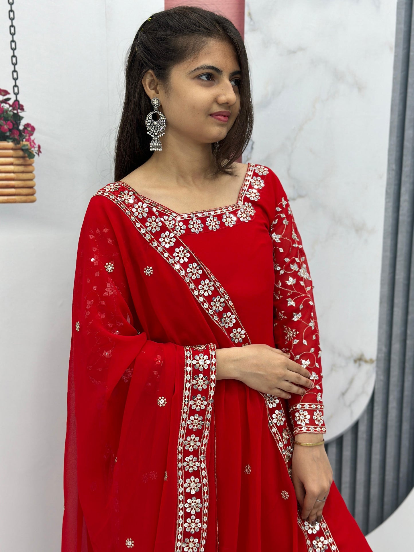 Engagement Wear Red Color Heavy Faux Georgette With Embroidery 7 mm Sequence Work Palazzo Suit
