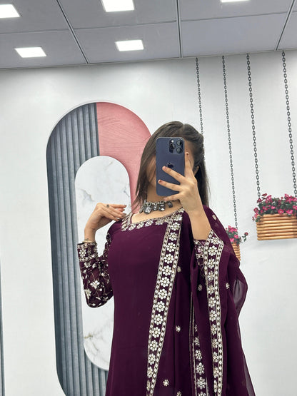 Engagement Wear Purple Color Heavy Faux Georgette With Embroidery 7 mm Sequence Work Palazzo Suit