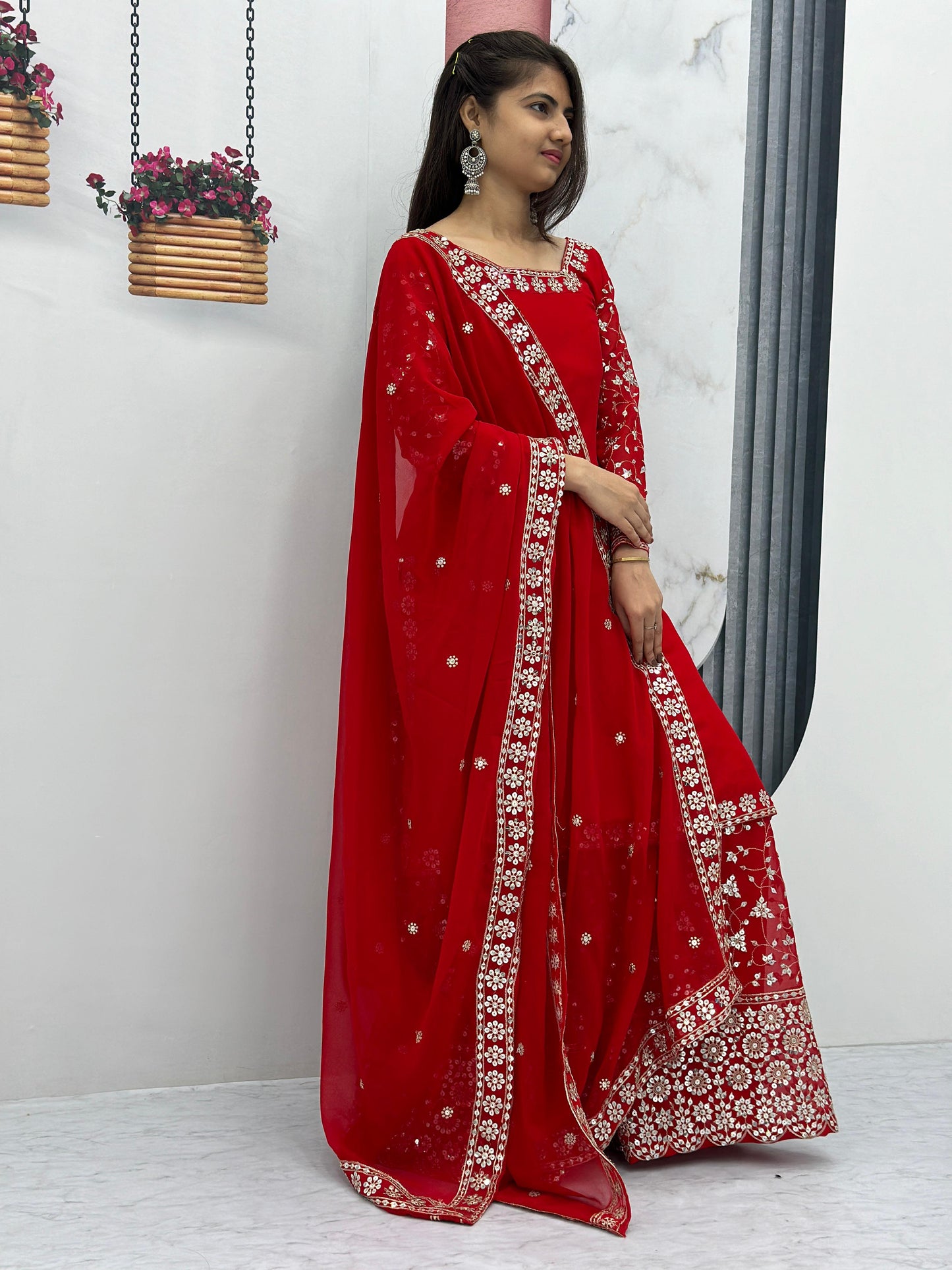 Engagement Wear Red Color Heavy Faux Georgette With Embroidery 7 mm Sequence Work Palazzo Suit