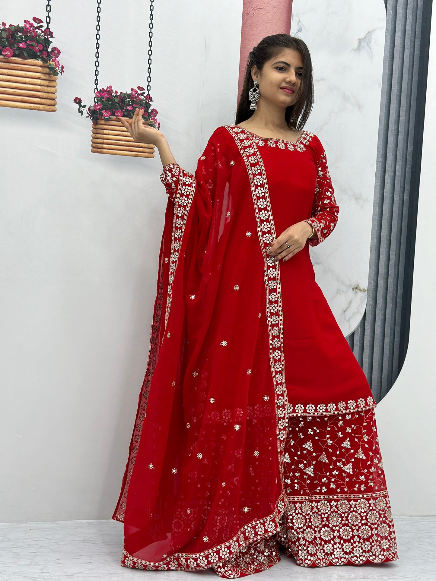 Engagement Wear Red Color Heavy Faux Georgette With Embroidery 7 mm Sequence Work Palazzo Suit