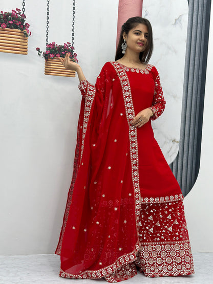 Engagement Wear Red Color Heavy Faux Georgette With Embroidery 7 mm Sequence Work Palazzo Suit