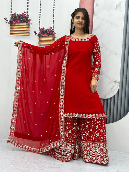 Engagement Wear Red Color Heavy Faux Georgette With Embroidery 7 mm Sequence Work Palazzo Suit