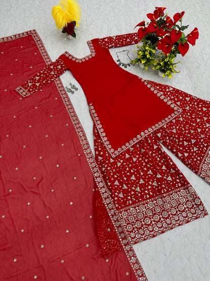 Engagement Wear Red Color Heavy Faux Georgette With Embroidery 7 mm Sequence Work Palazzo Suit