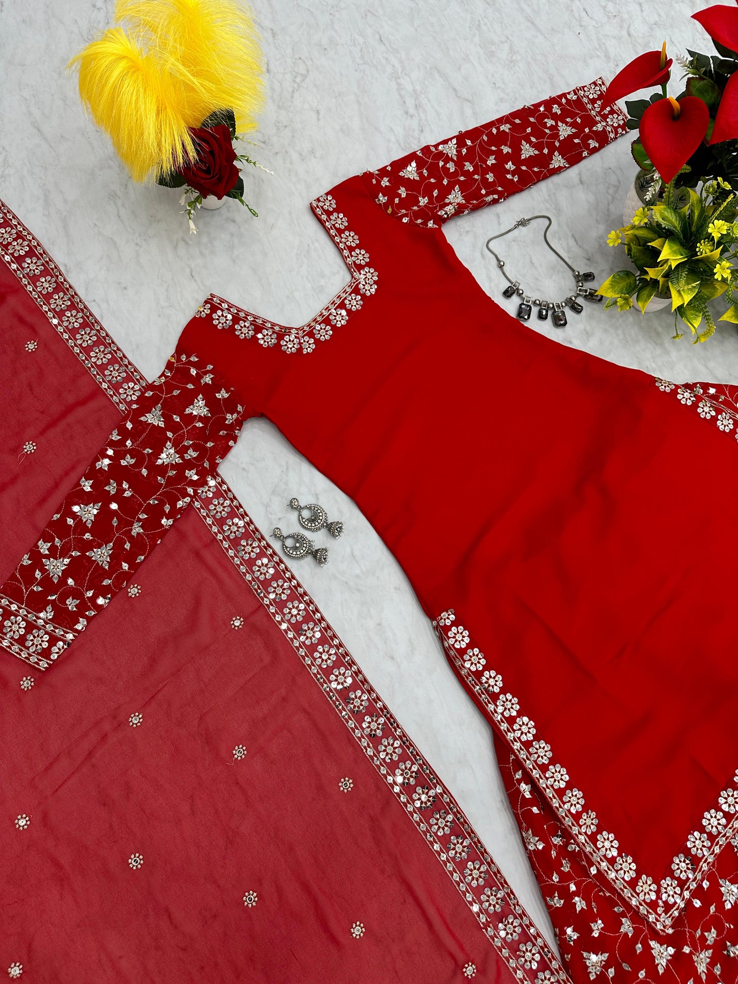 Engagement Wear Red Color Heavy Faux Georgette With Embroidery 7 mm Sequence Work Palazzo Suit