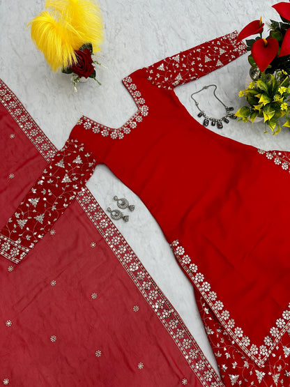 Engagement Wear Red Color Heavy Faux Georgette With Embroidery 7 mm Sequence Work Palazzo Suit