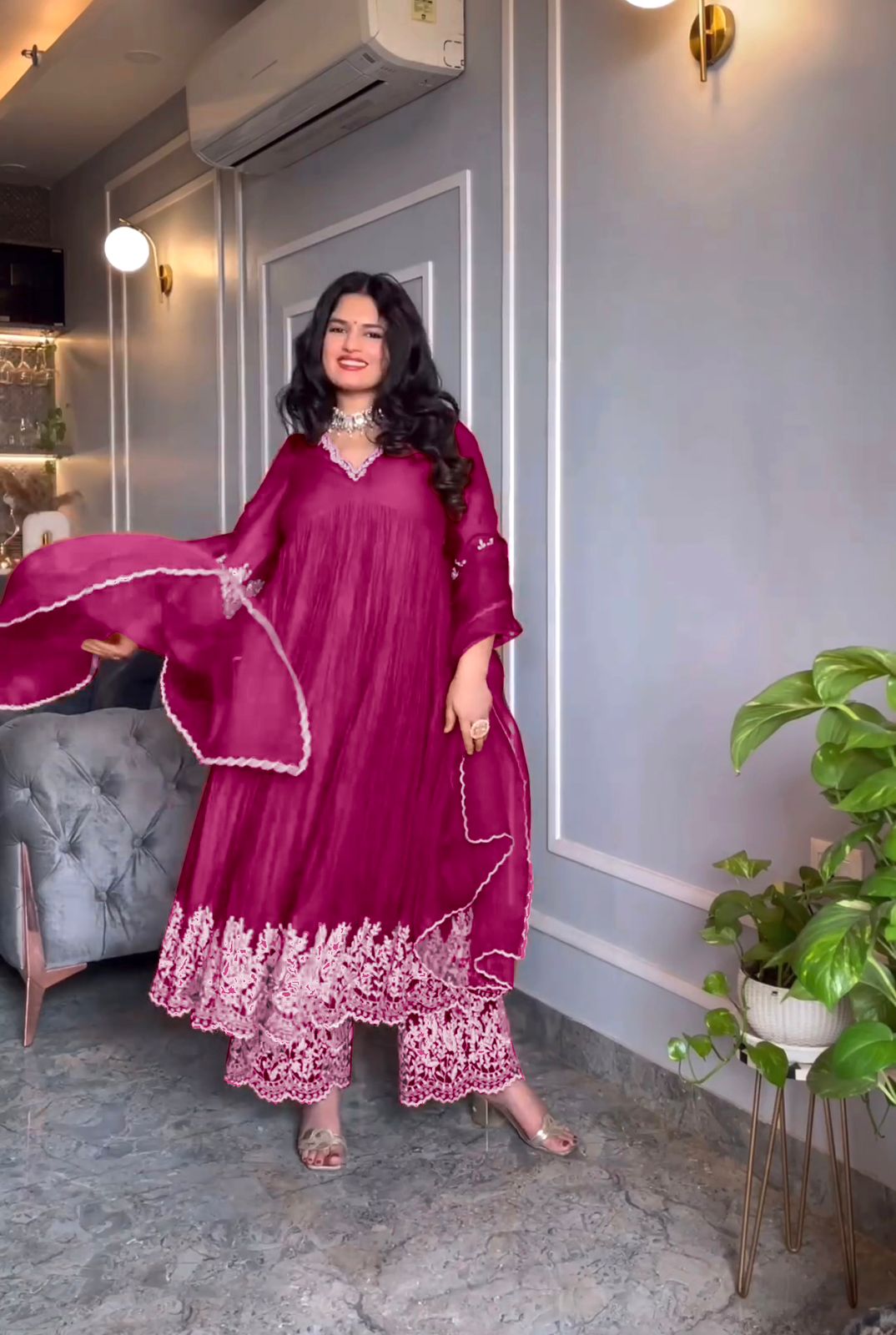 Wedding Wear Pink Color Crush With Work Red Color Anarkali Suit With Palazzo