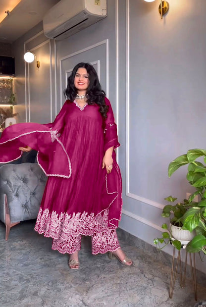 Wedding Wear Pink Color Crush With Work Red Color Anarkali Suit With Palazzo