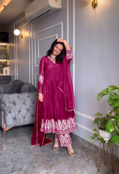 Wedding Wear Pink Color Crush With Work Red Color Anarkali Suit With Palazzo