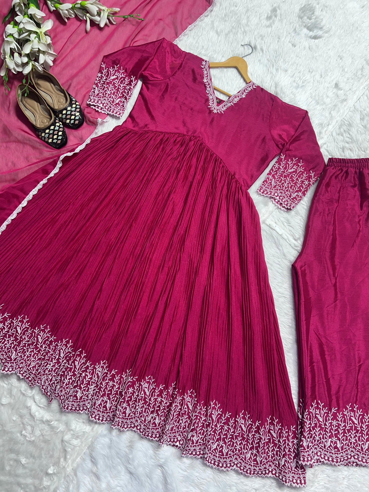 Wedding Wear Pink Color Crush With Work Red Color Anarkali Suit With Palazzo