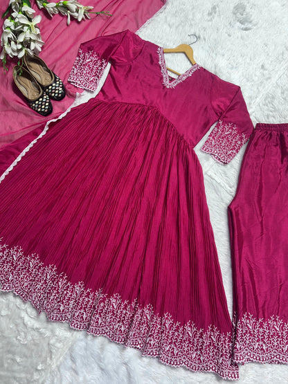 Wedding Wear Pink Color Crush With Work Red Color Anarkali Suit With Palazzo