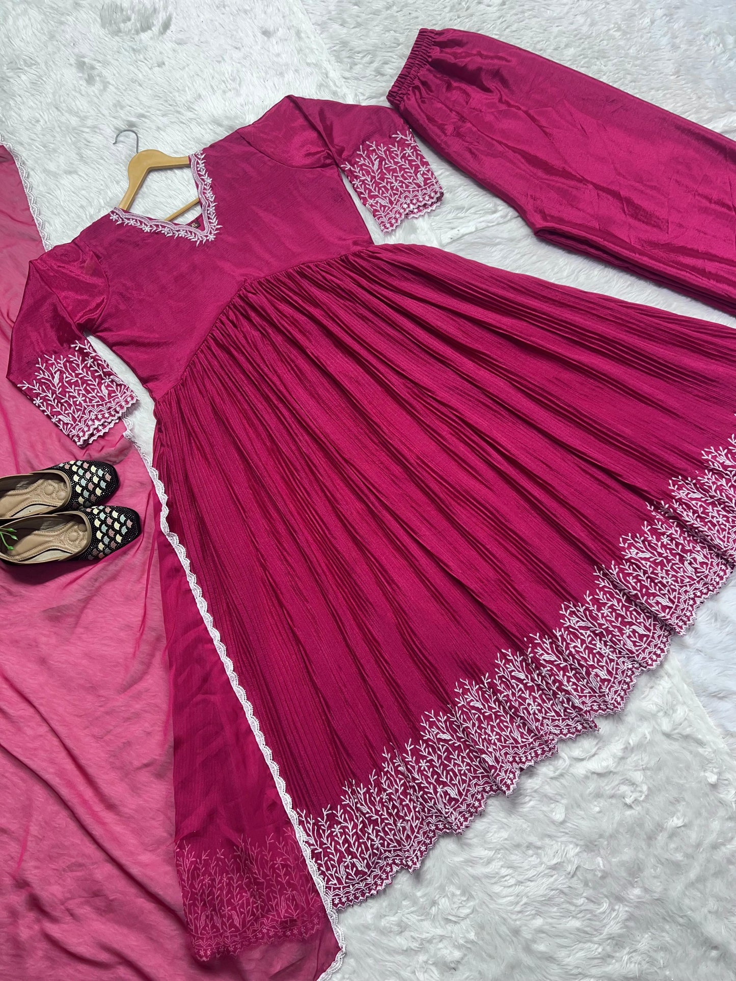 Wedding Wear Pink Color Crush With Work Red Color Anarkali Suit With Palazzo
