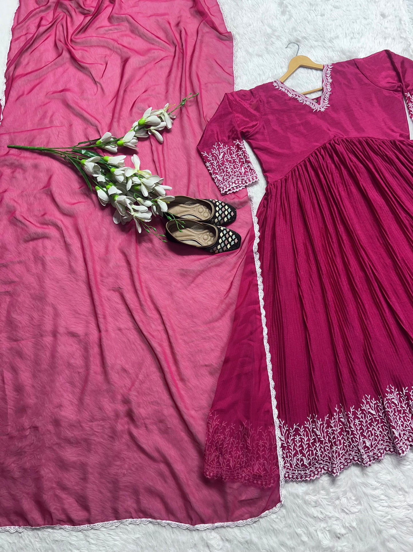 Wedding Wear Pink Color Crush With Work Red Color Anarkali Suit With Palazzo