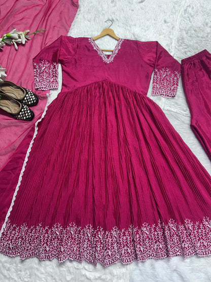 Wedding Wear Pink Color Crush With Work Red Color Anarkali Suit With Palazzo