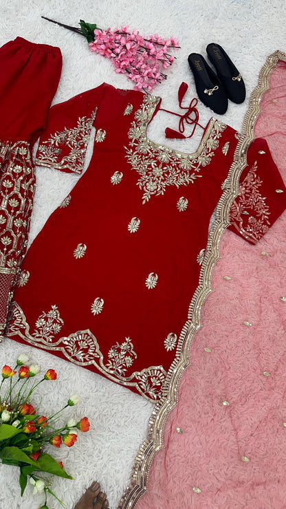Gorgeous Red Color Heavy Georgette With Embroidery Sequence Work Designer Sharara Suit