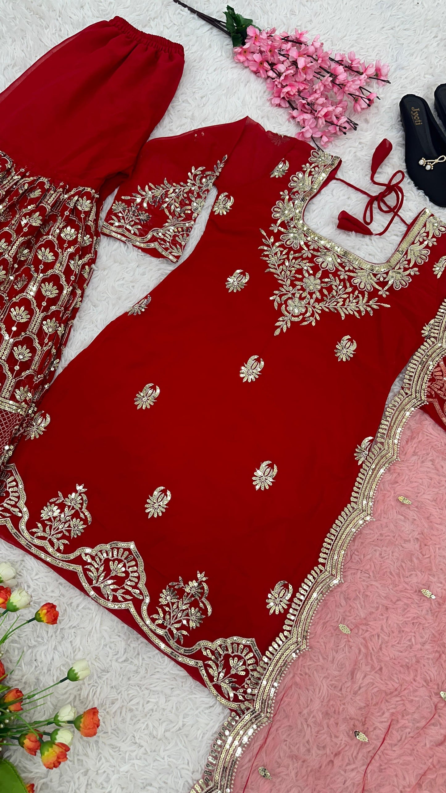 Gorgeous Red Color Heavy Georgette With Embroidery Sequence Work Designer Sharara Suit
