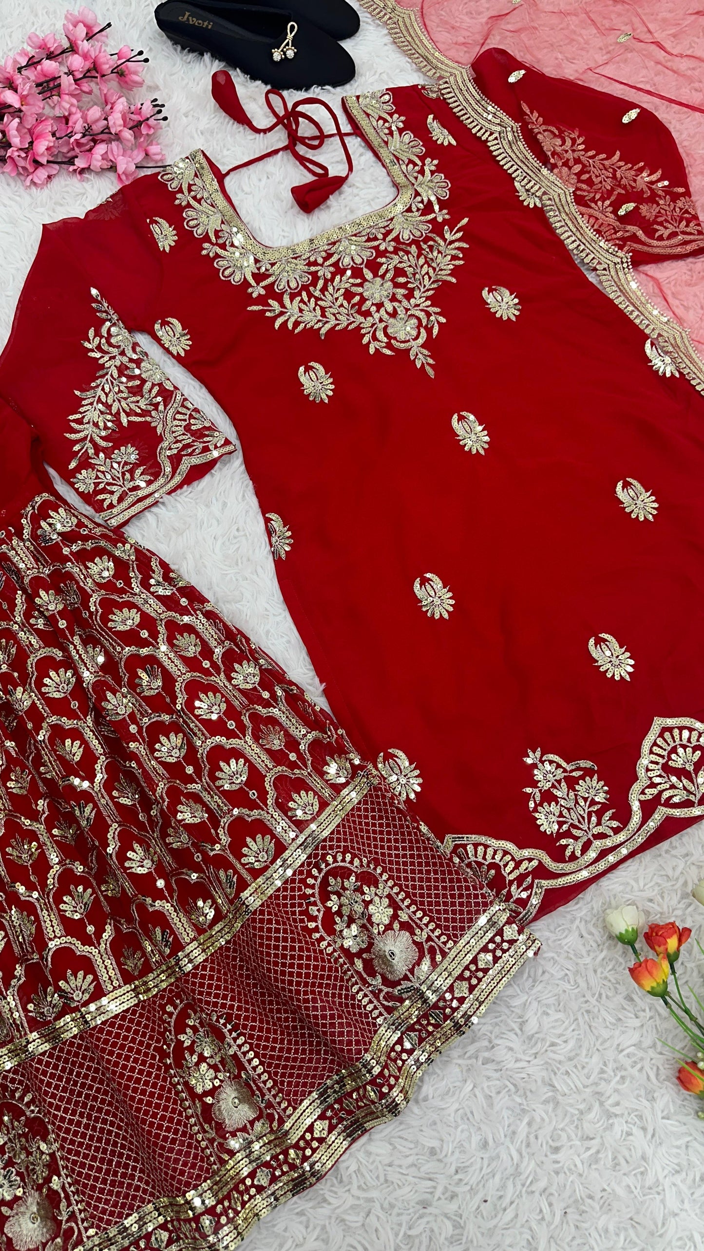Gorgeous Red Color Heavy Georgette With Embroidery Sequence Work Designer Sharara Suit