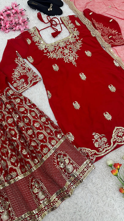 Gorgeous Red Color Heavy Georgette With Embroidery Sequence Work Designer Sharara Suit