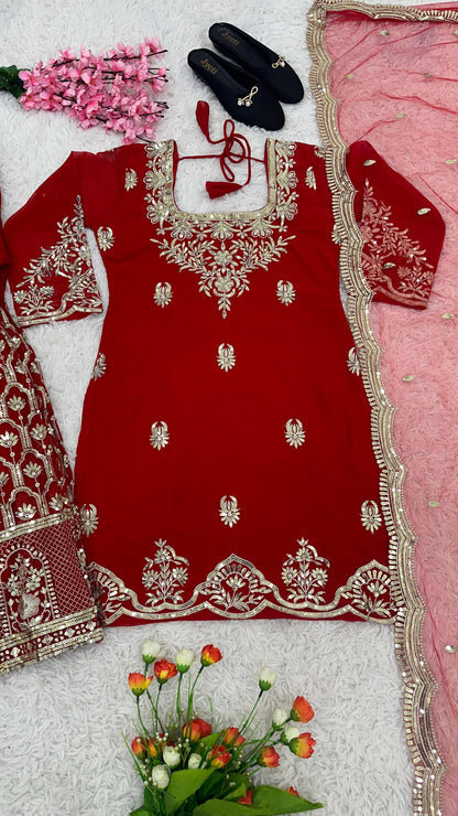 Gorgeous Red Color Heavy Georgette With Embroidery Sequence Work Designer Sharara Suit