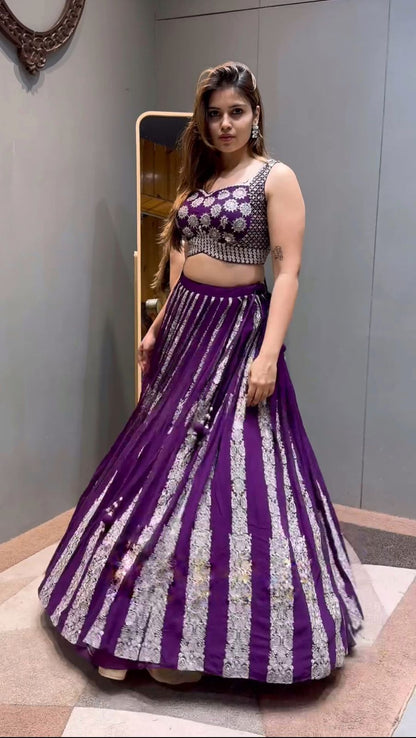 Trendy Purple Color Heavy Chinon Silk With Heavy Embroidery Sequence Work With Latkan Dori Lehenga Choli