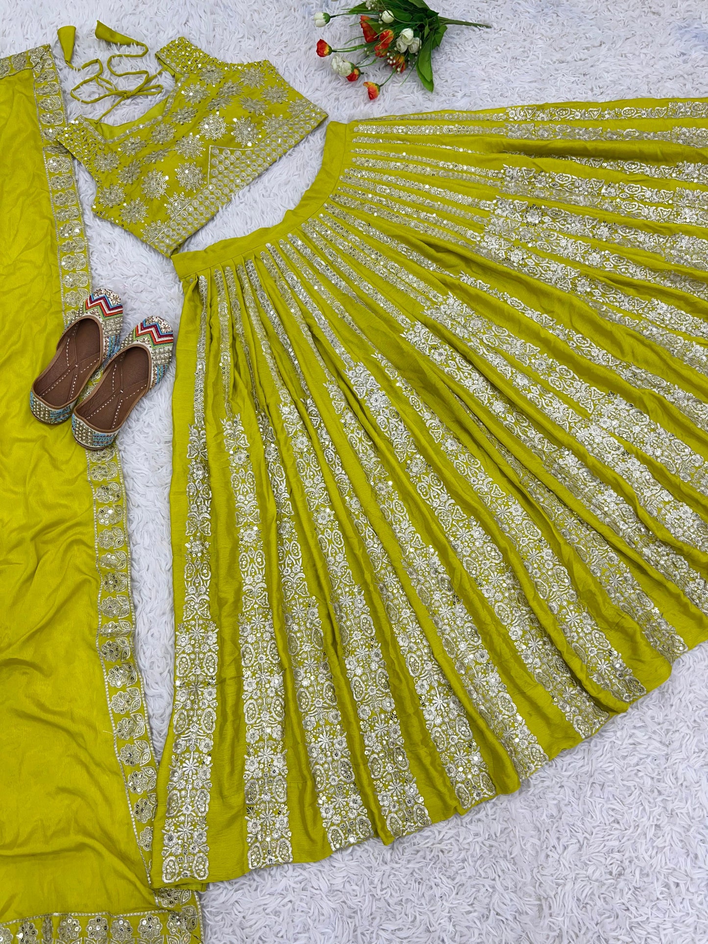 Classy Green Color Heavy Chinon Silk With Heavy Embroidery Sequence Work With Latkan Dori Lehenga Choli