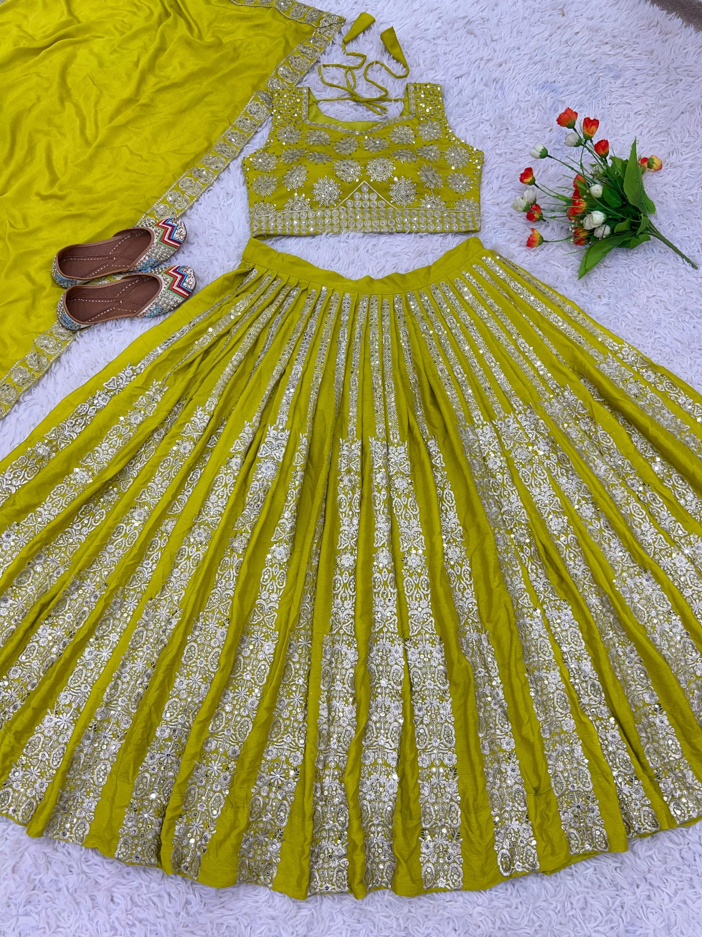 Classy Green Color Heavy Chinon Silk With Heavy Embroidery Sequence Work With Latkan Dori Lehenga Choli