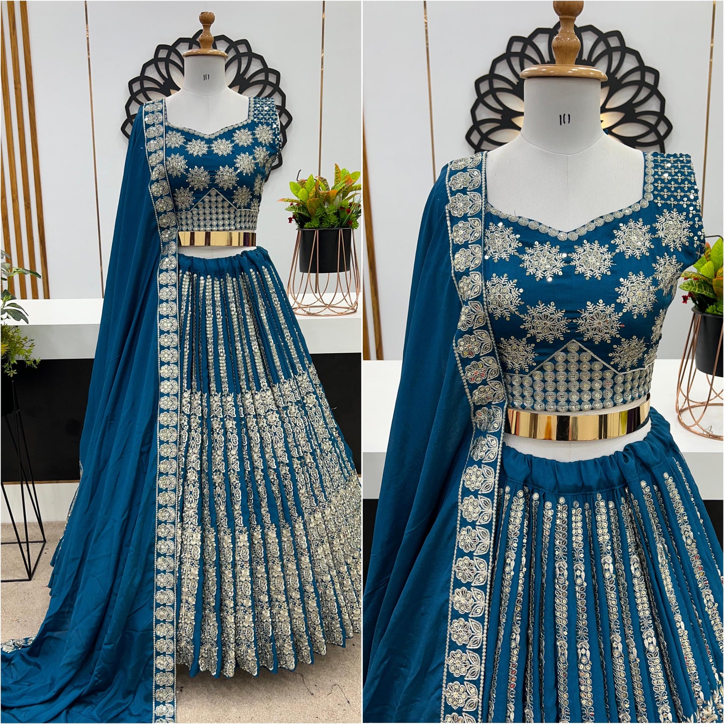 Gorgeous Teal Blue Color Heavy Chinon Silk With Heavy Embroidery Sequence Work With Latkan Dori Lehenga Choli