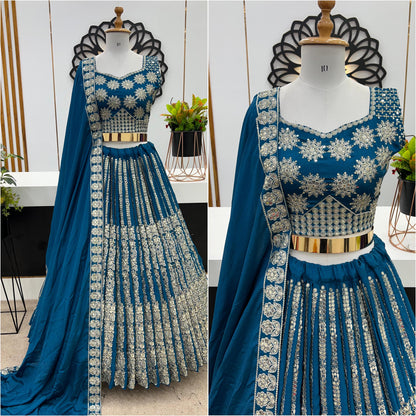 Gorgeous Teal Blue Color Heavy Chinon Silk With Heavy Embroidery Sequence Work With Latkan Dori Lehenga Choli