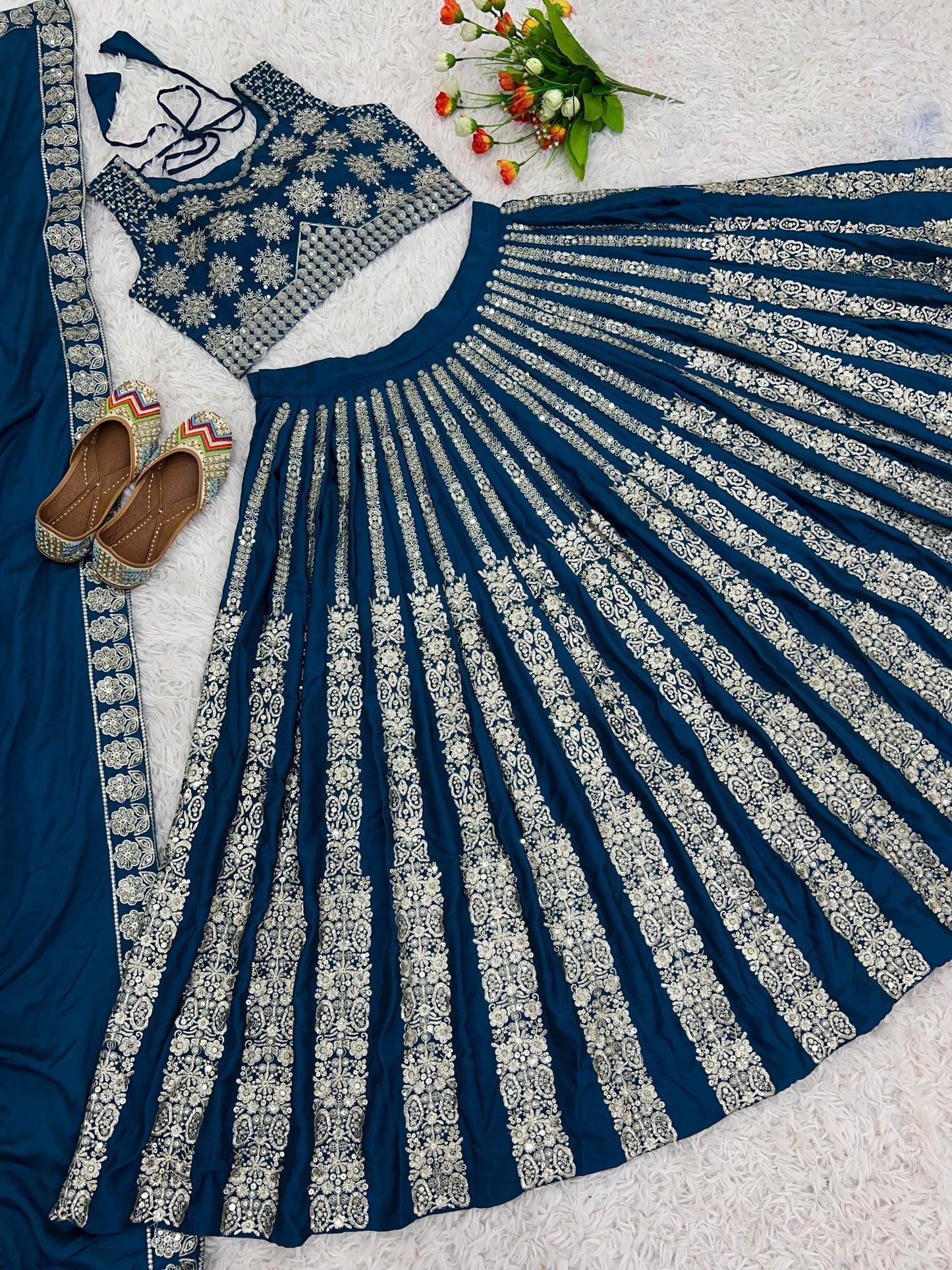 Gorgeous Teal Blue Color Heavy Chinon Silk With Heavy Embroidery Sequence Work With Latkan Dori Lehenga Choli