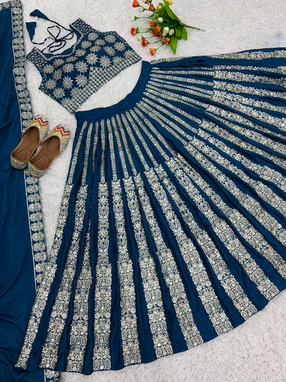 Gorgeous Teal Blue Color Heavy Chinon Silk With Heavy Embroidery Sequence Work With Latkan Dori Lehenga Choli