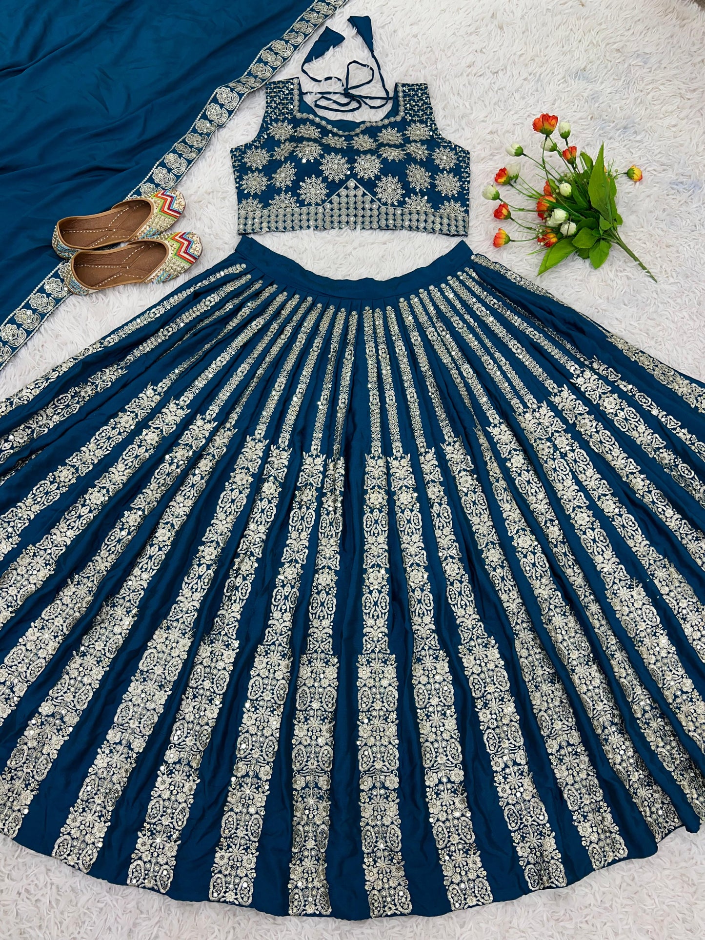 Gorgeous Teal Blue Color Heavy Chinon Silk With Heavy Embroidery Sequence Work With Latkan Dori Lehenga Choli