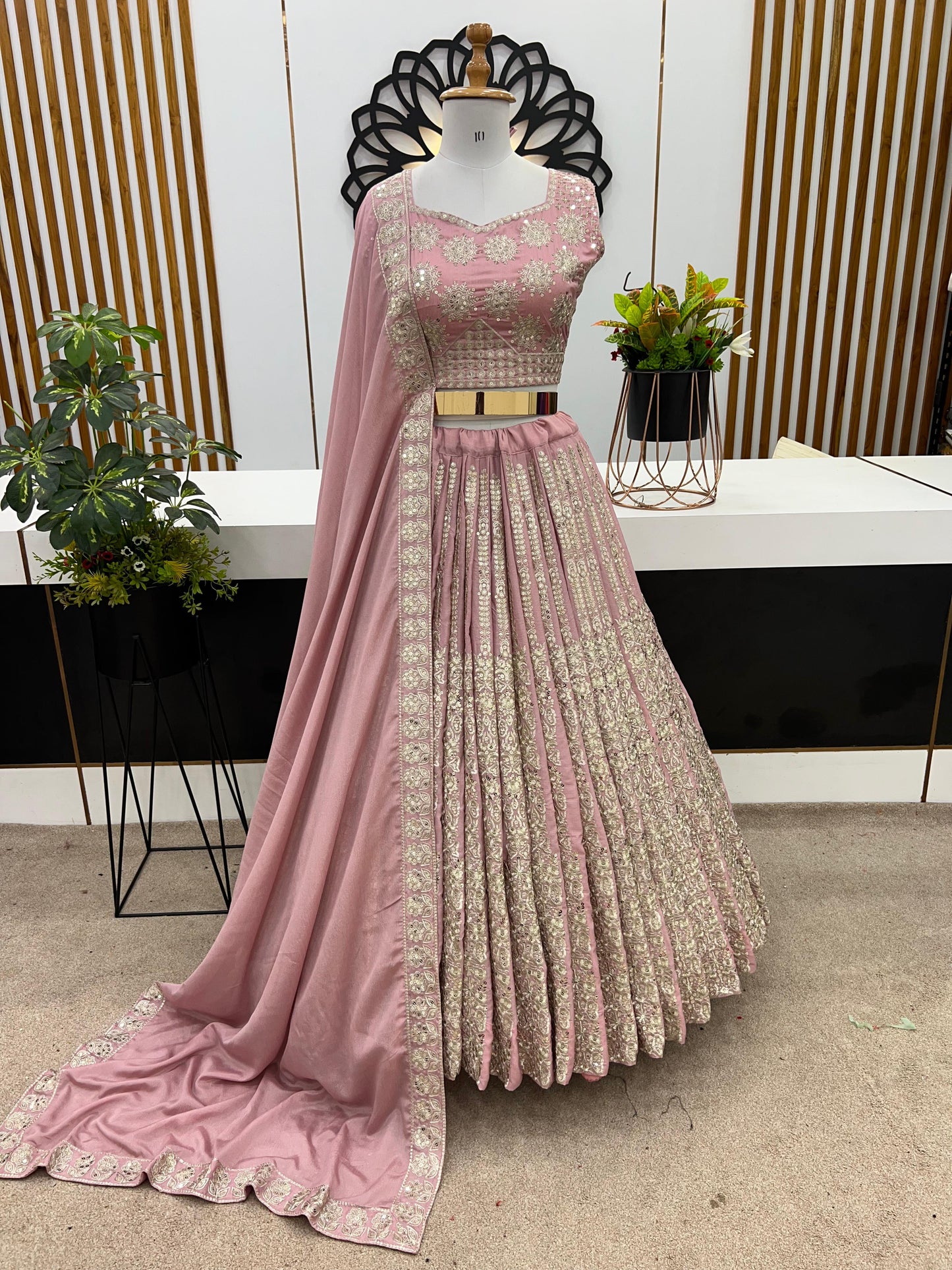 Stunning Dusty Peach Color Heavy Chinon Silk With Heavy Embroidery Sequence Work With Latkan Dori Lehenga Choli