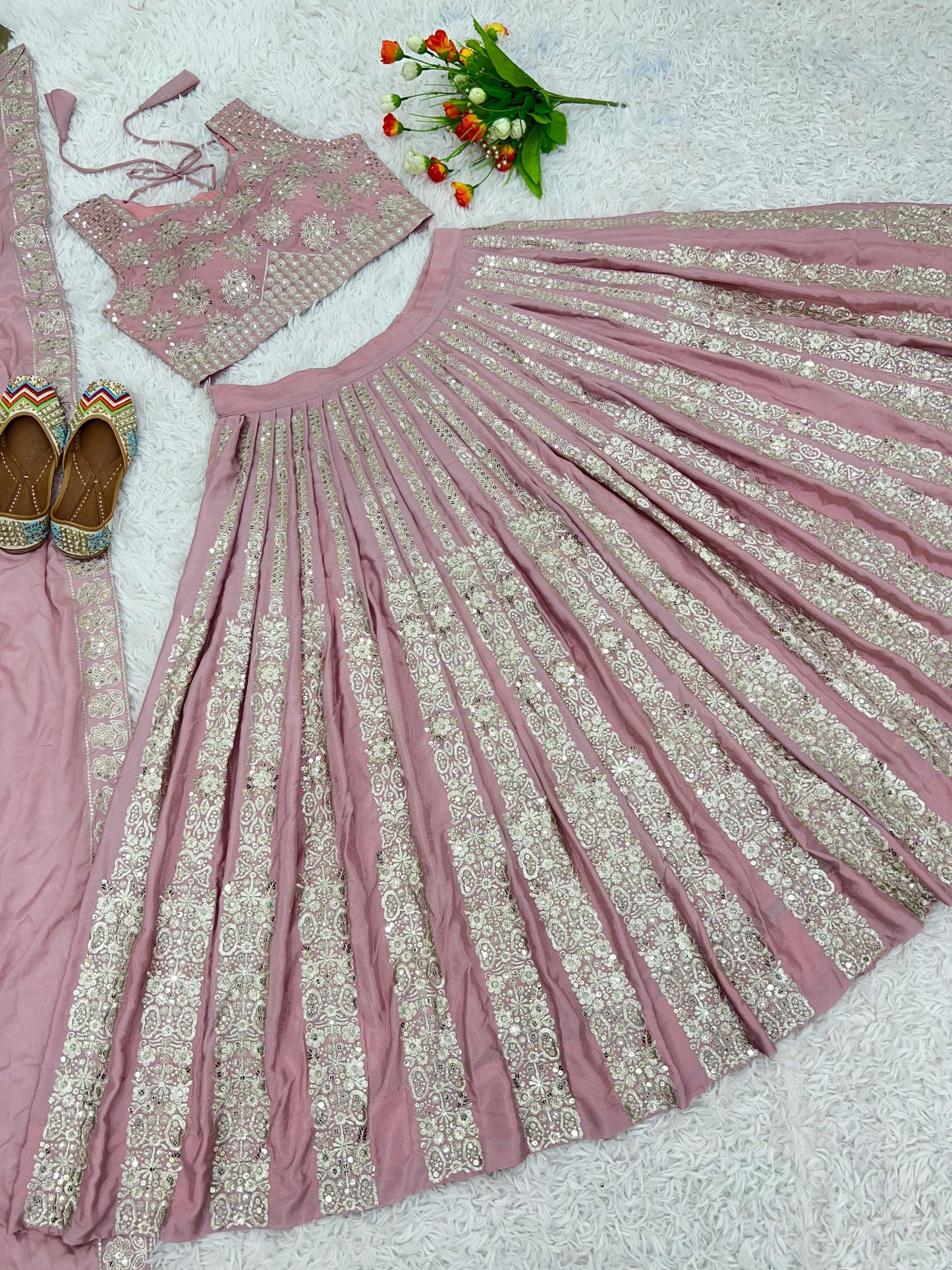 Stunning Dusty Peach Color Heavy Chinon Silk With Heavy Embroidery Sequence Work With Latkan Dori Lehenga Choli