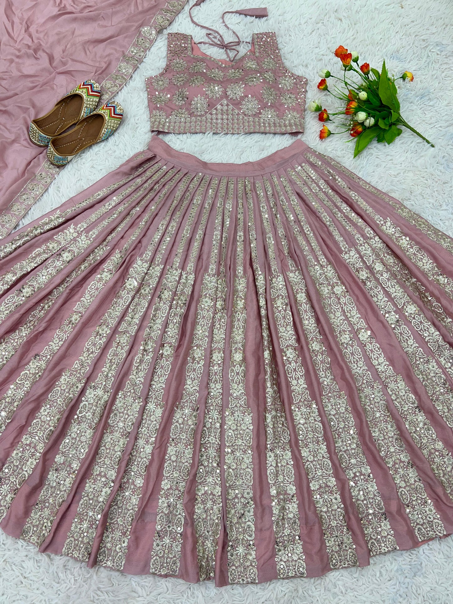 Stunning Dusty Peach Color Heavy Chinon Silk With Heavy Embroidery Sequence Work With Latkan Dori Lehenga Choli