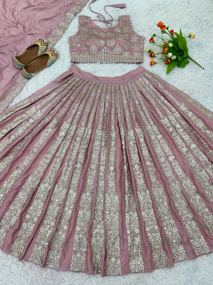 Stunning Dusty Peach Color Heavy Chinon Silk With Heavy Embroidery Sequence Work With Latkan Dori Lehenga Choli