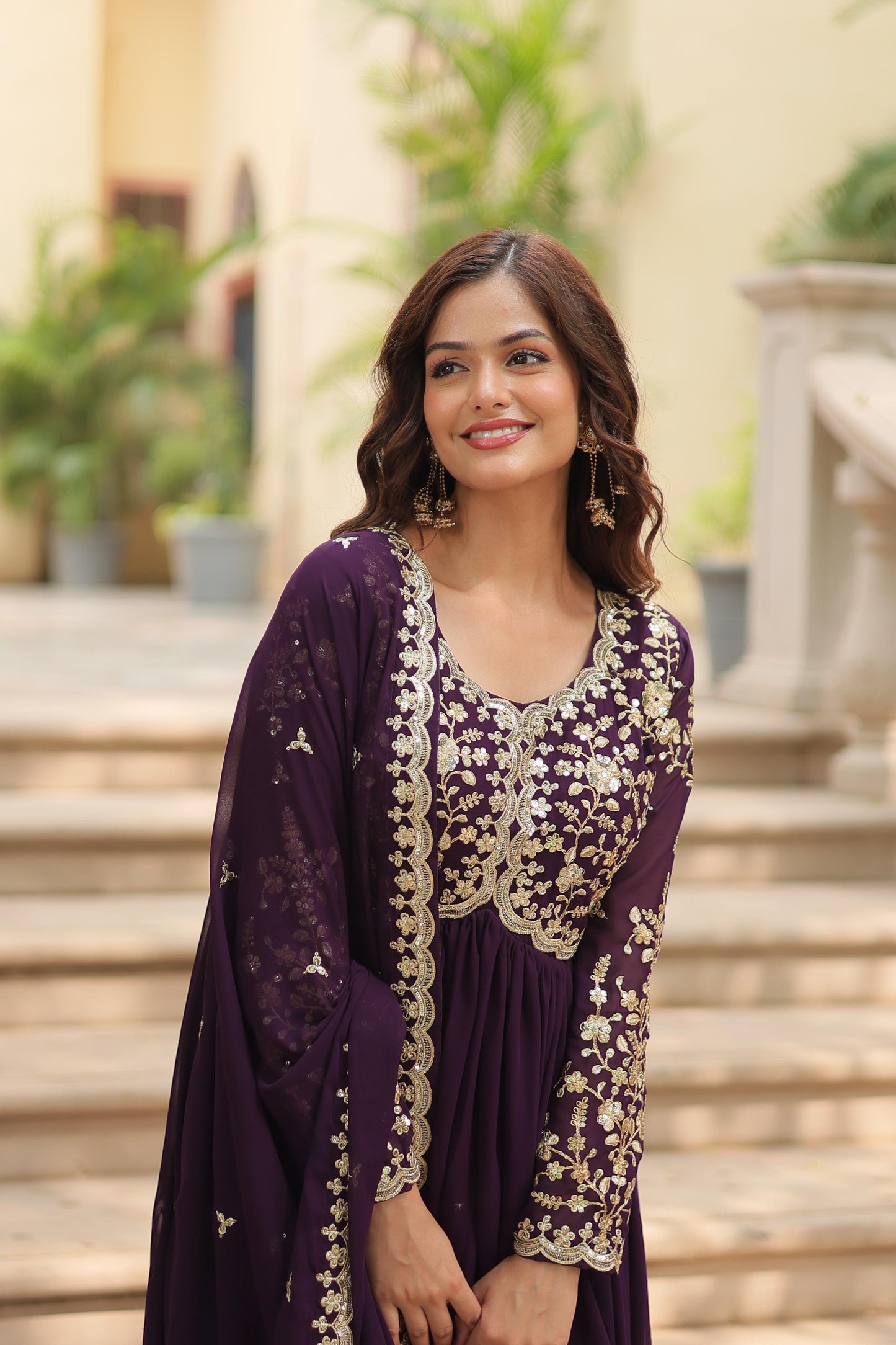 Function Wear Wine Color Faux Blooming With Sequence Multi Zari Embroidered Work Designer Gown