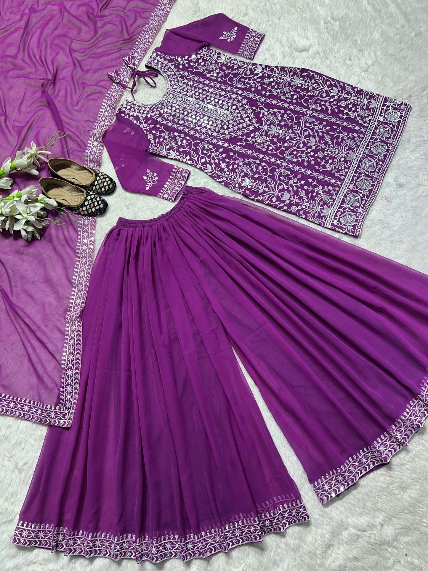 Designer Purple Color Heavy Faux Georgette With 5mm Sequence Embroidery Work Sharara Suit