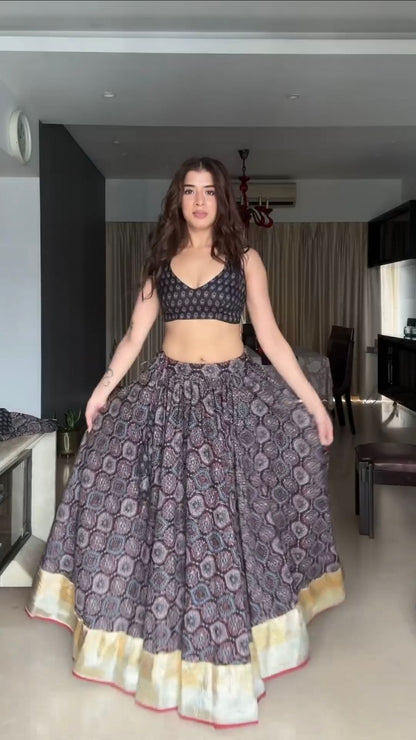 Grey Color Maslin Printed With Goldan Patta Work Navratri Lehenga Choli