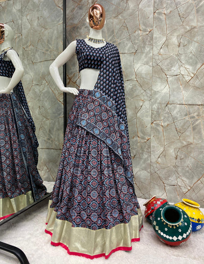 Grey Color Maslin Printed With Goldan Patta Work Navratri Lehenga Choli