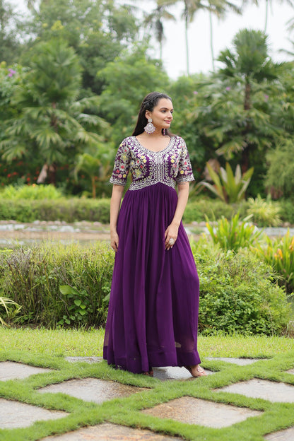 Party Wear Purple Color Faux Blooming With Embroidery Zari Sequence Work Designer Gown