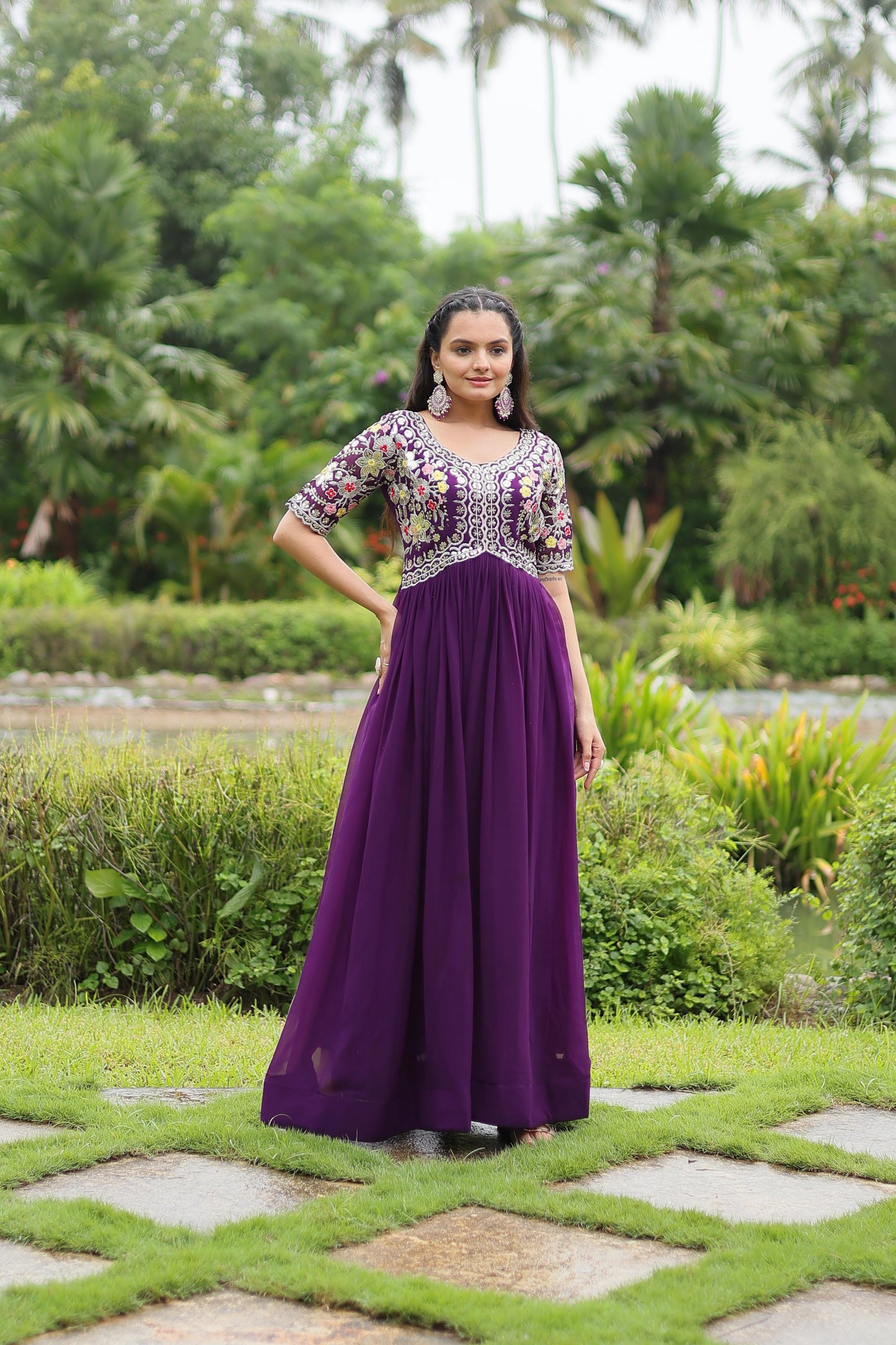 Party Wear Purple Color Faux Blooming With Embroidery Zari Sequence Work Designer Gown