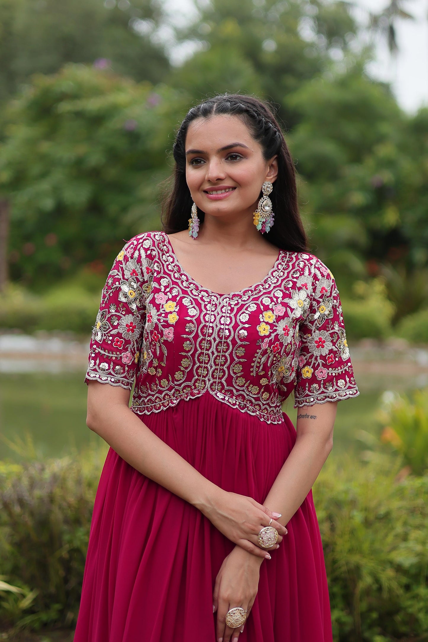 Party Wear Pink Color Faux Blooming With Embroidery Zari Sequence Work Designer Gown