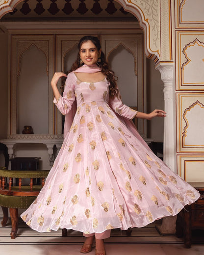 Eyes Catching Peach Color Heavy Faux Georgette With Embroidery Work Designer Anarkali Suit