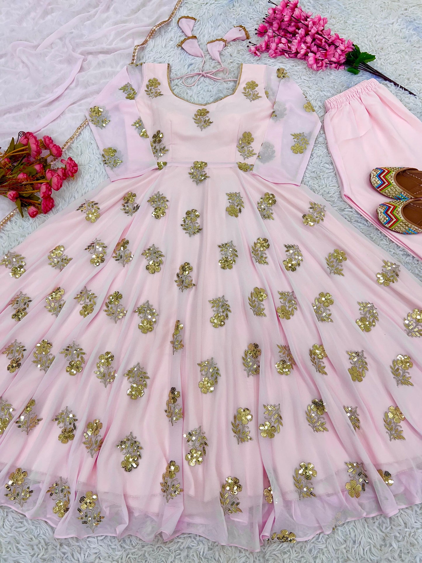 Eyes Catching Peach Color Heavy Faux Georgette With Embroidery Work Designer Anarkali Suit