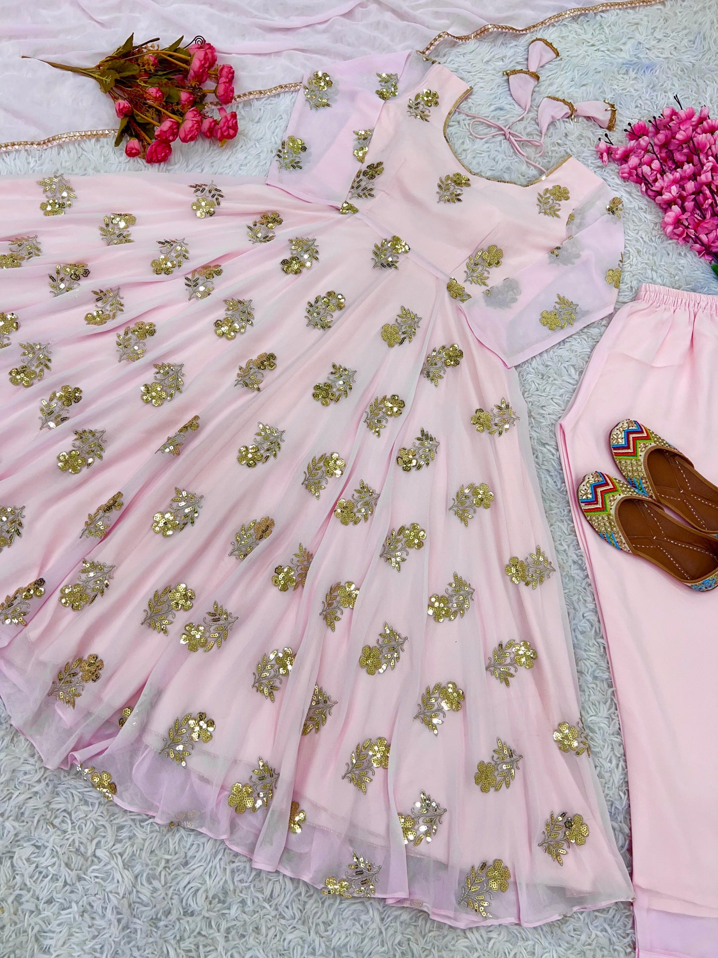 Eyes Catching Peach Color Heavy Faux Georgette With Embroidery Work Designer Anarkali Suit