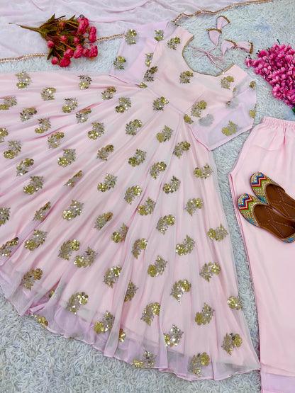 Eyes Catching Peach Color Heavy Faux Georgette With Embroidery Work Designer Anarkali Suit
