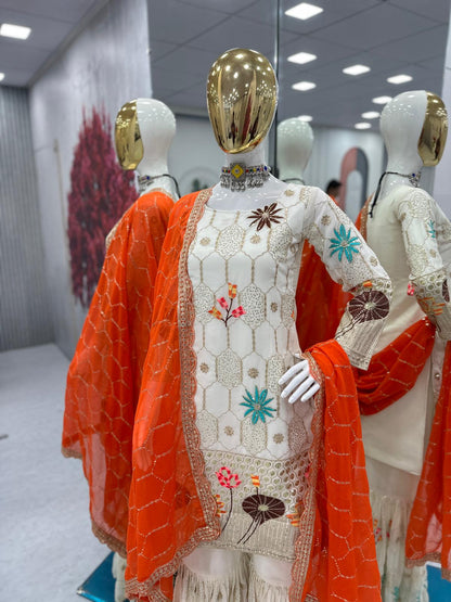 Ravishing White Color Heavy Faux Georgette With Thread And Sequence Work Designer Sharara Suit